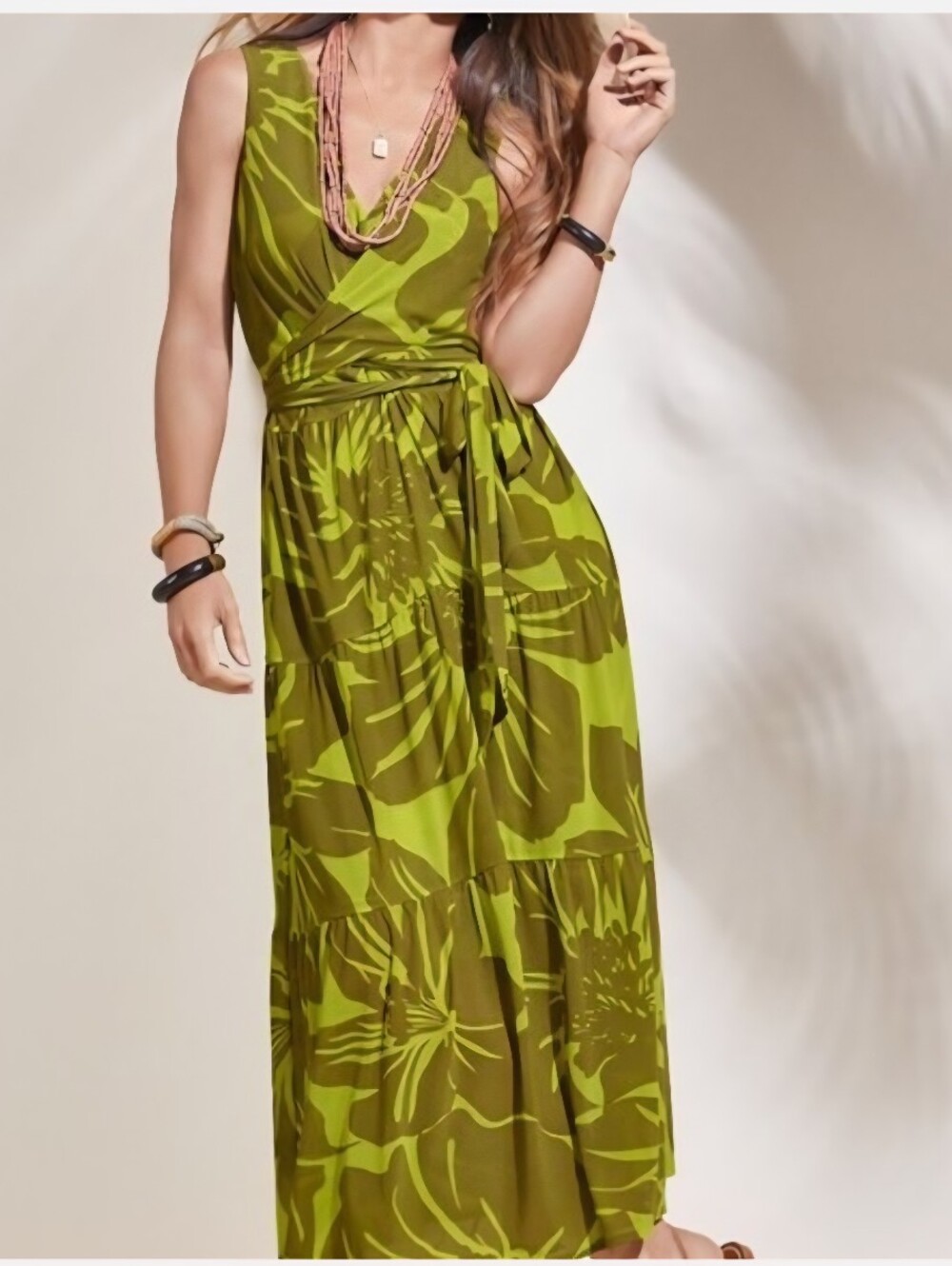 CAbi 5953 Tie Front Dress V-Neck Sleeveless Green Palm Tropical Floral Sz XL - Picture 1 of 7
